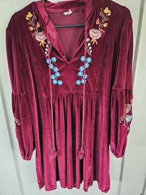 Boho Velvet Embroidered Tunic Dress Burgundy Floral Peasant